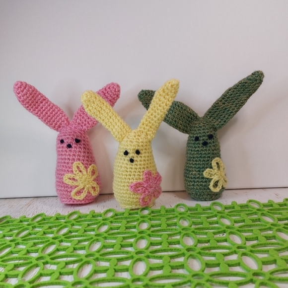 Three Cute Long Ear Bunnies with Flowers Handmade by me! Cute Decor or Gift Boho - Picture 3 of 12